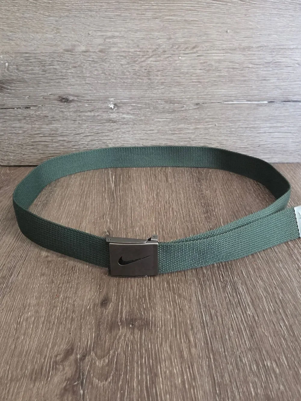 Nike Olive Green Webbing Belt with Metal Swoosh Buckle